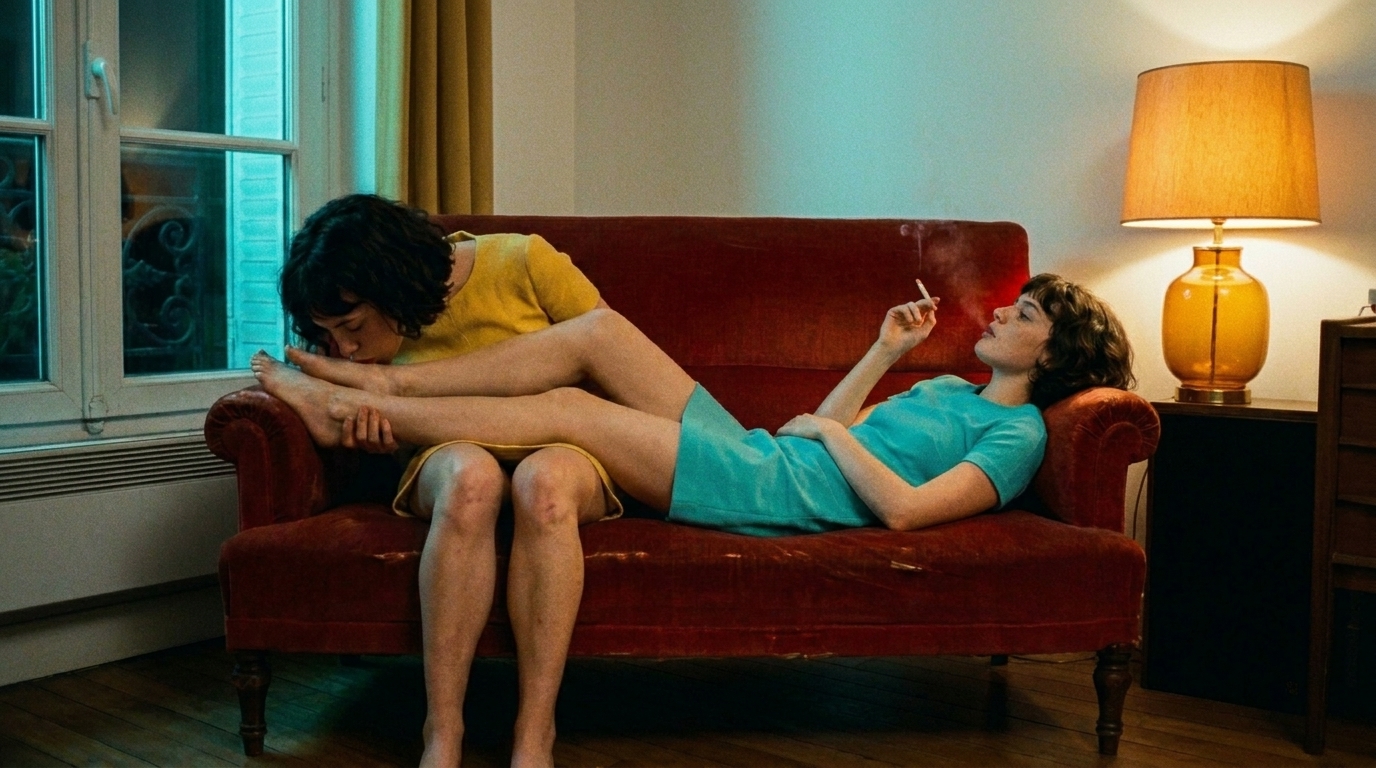 An intimate moment on a velvet couch