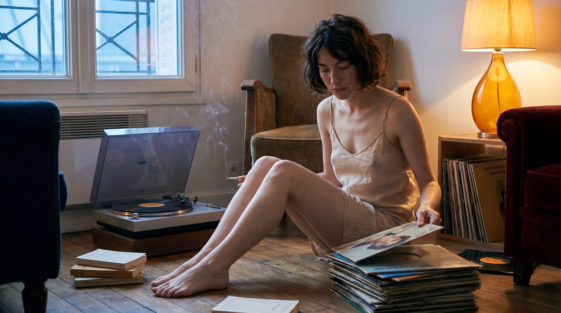 Vinyl records and bare feet on wooden floors