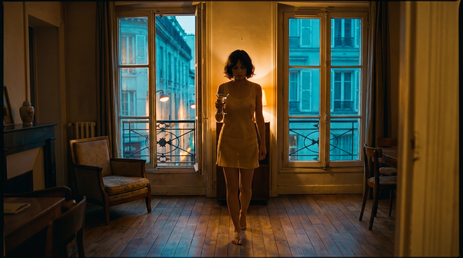 A martini at golden hour by the open balcony